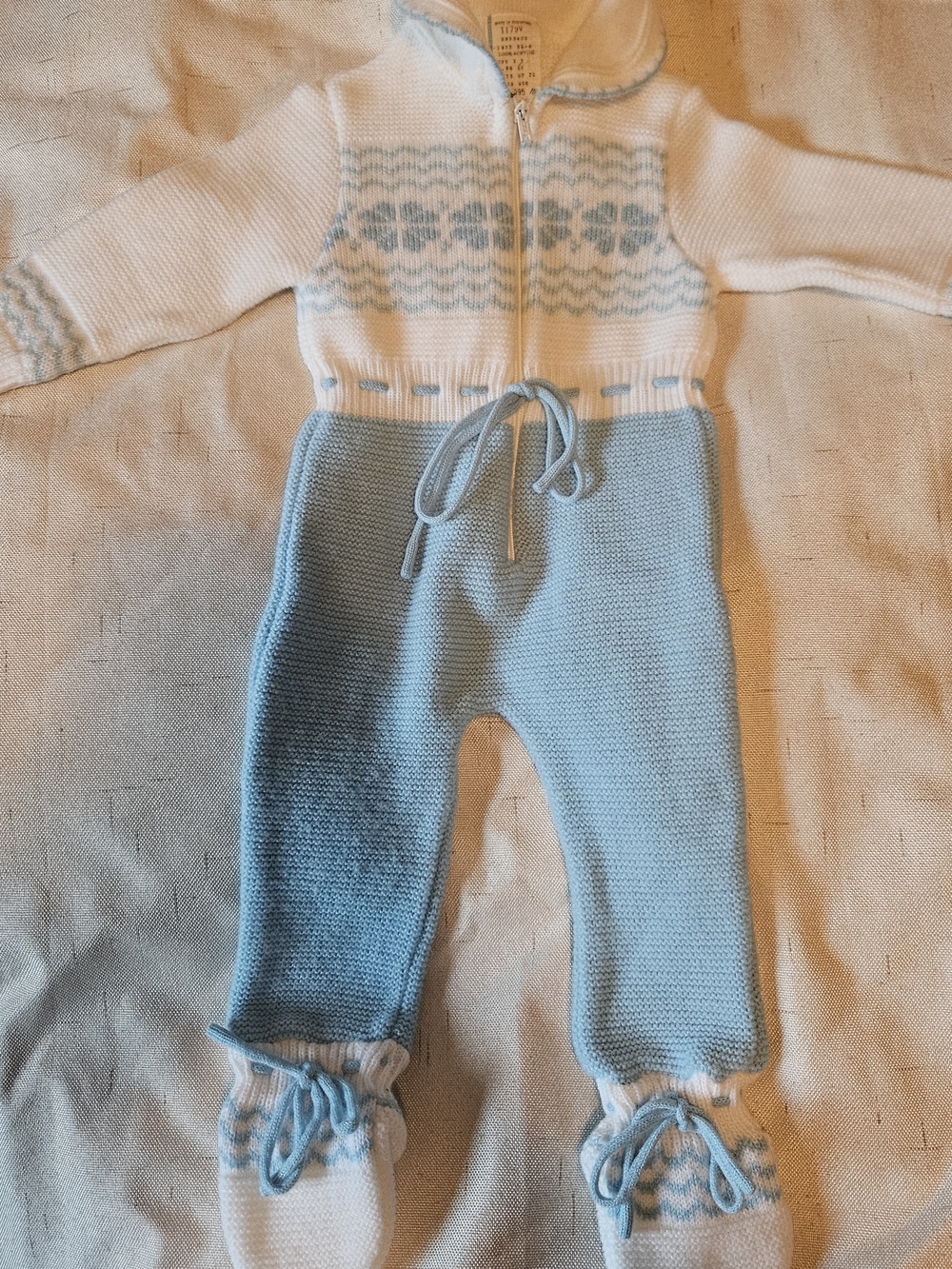Vintage Knit Baby Footie One-Piece in Light Blue and White